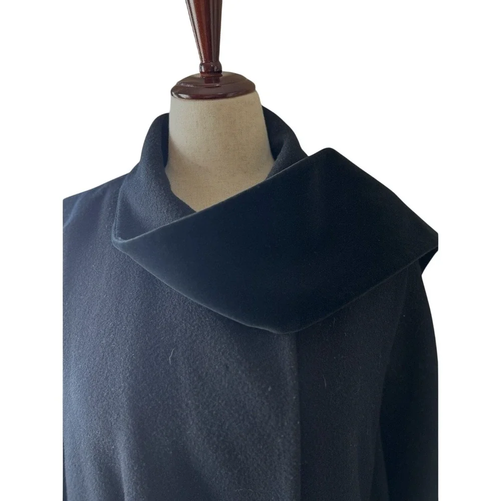 Vintage Black Cape Coat 100% Wool Women's Velvet Scarf Pockets Size Large - Picture 2 of 13